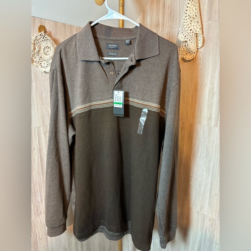 Arrow Men's Two-Tone Brown Long Sleeve Polo Shirt